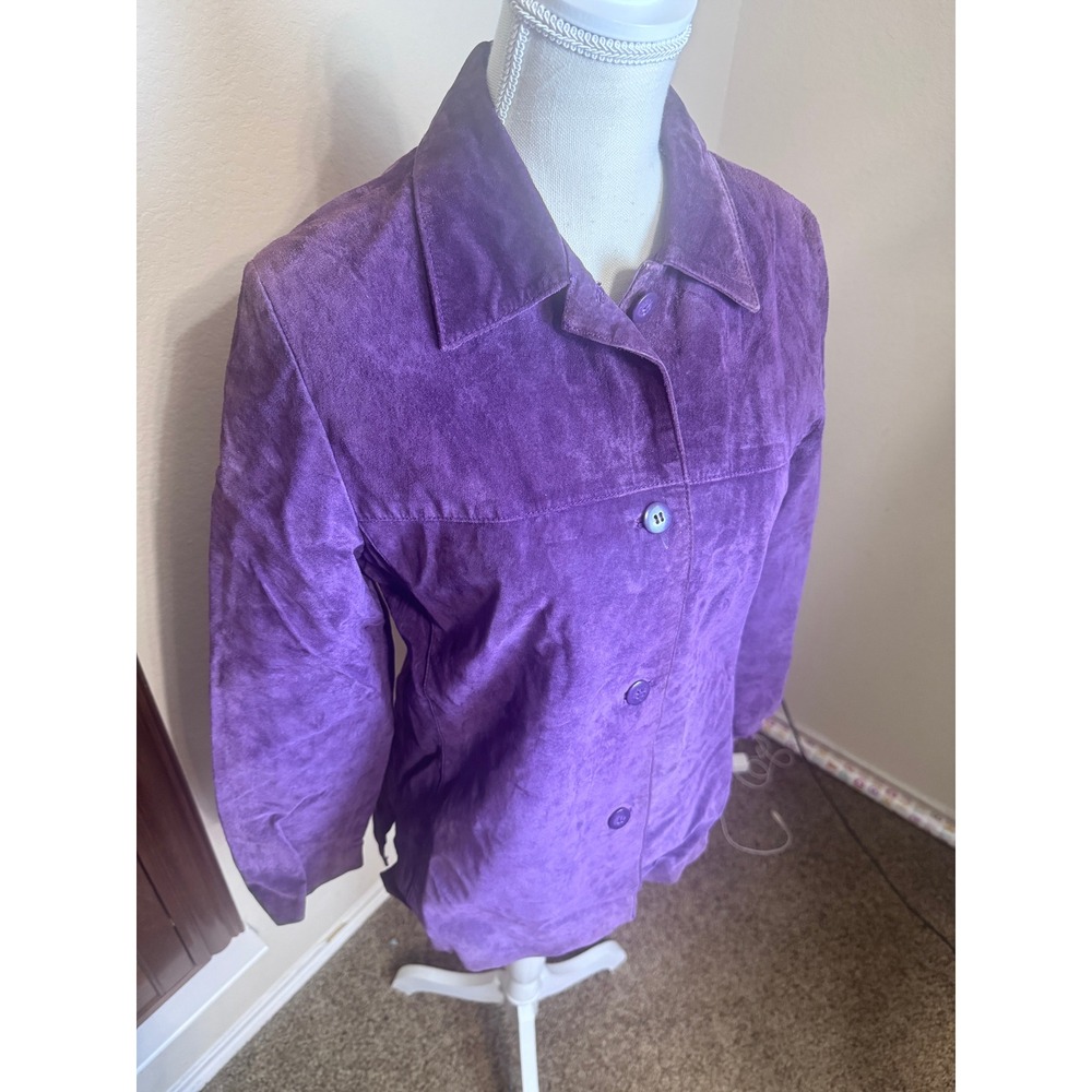 Vintage Clio Purple Suede Leather Jacket Women Size 6 Button Front Blazer 90s - Picture 2 of 6